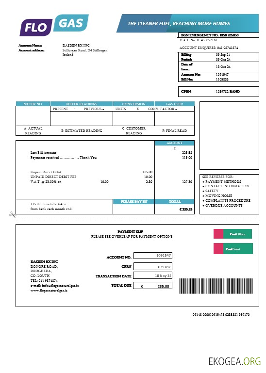 Modèle de facture de services publics irlandais Flogas Natural Gas aux formats Word et PDF